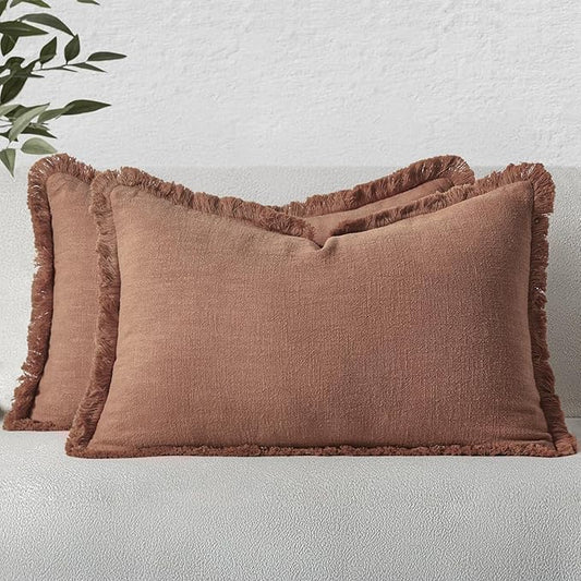 MIULEE Decorative Lumbar Throw Pillow Covers Neutral Linen Fringe Throw Pillows Set of 2 Brick Boho Farmhouse Cushion Covers with Tassels for Couch Sofa Bed Living Room Spring Home Decor 12x20 Inch