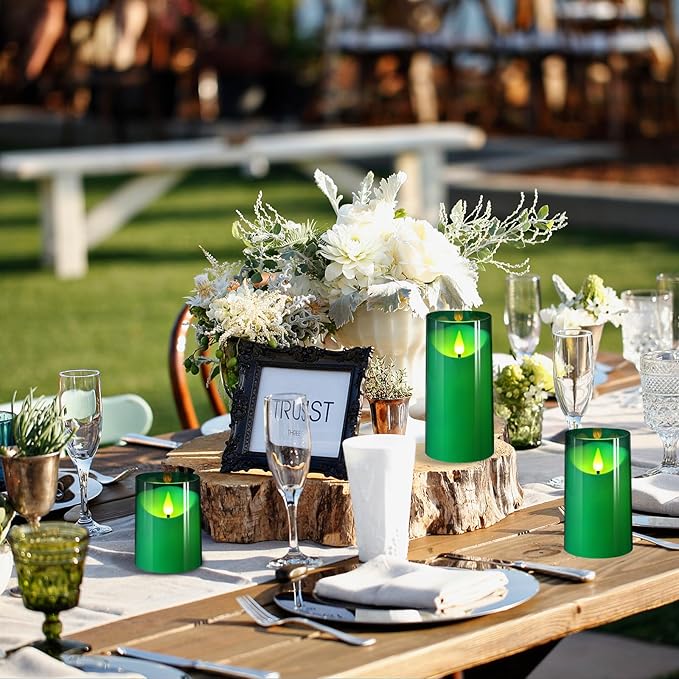 NURADA Flameless Candles: 3D Wick Battery Operated LED Pillar Acrylic Fake Candles with Remote and Timer for St. Patrick's Day Home Holiday Christmas Party Table Decor - 3 Pack Green