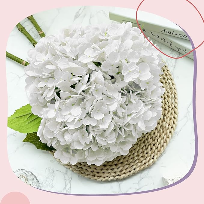 Yatim 21In White Artificial Hydrangea Flowers 5 Pcs Real Touch 3D Print Latex Flowers for Wedding Centerpieces Bouquets DIY Floral Decor Home Decoration with Stems