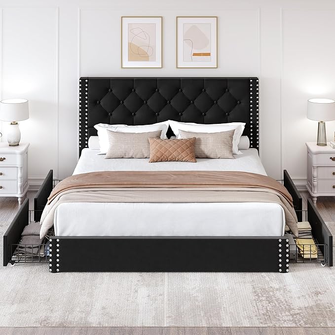 LARMACE Queen Size Platform Bed Frame with 4 Storage Drawers and Tufted Headboard Velvet Upholstered Bed Frame with Heavy Duty Wood Slats, No Box Spring Needed, Easy Assembly, Black