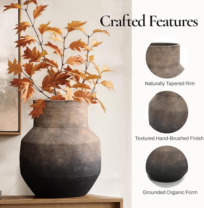 LuxenHome Rustic Ceramic Flower Vase,Farmhouse Vintage Pottery for Shelf Decor Room Decor,Brown Ombre Terracotta Vase,11'' Round Decorative Vases Home Decor Living Room
