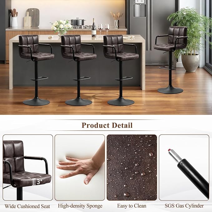 Furniliving Bar Stools Set of 2 with Backrest, Modern Square PU Leather Chairs with Armrest Adjustable Kitchen Counter Barstools for Kitchen Dining Pub Cafe (Blackbrown)