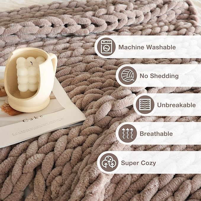 Soft Chunky Knit Blanket, 60X80 in Handmade Thick Chenille Yarn Throw Without Shedding & Raveling, Aesthetic & Cozy Home Decor with Couch Sofa Bed, Gift Pack, Choffee Brown