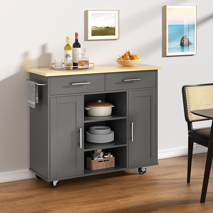 Shintenchi Kitchen Island with Storage, Kitchen Island Cart on Wheels with 3 Open Shelves, 2 Drawers and 2 Cabinets, Rolling Kitchen Table with Large Countertop, Gray