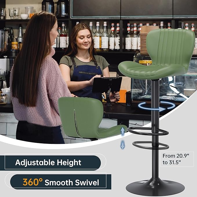 Bar Stools Set of 4, Modern Swivel Bar Stools with Shell Shaped Backrest, Adjustable Counter Height Bar Chairs for Kitchen, Island, Bar, Dining Room, Green