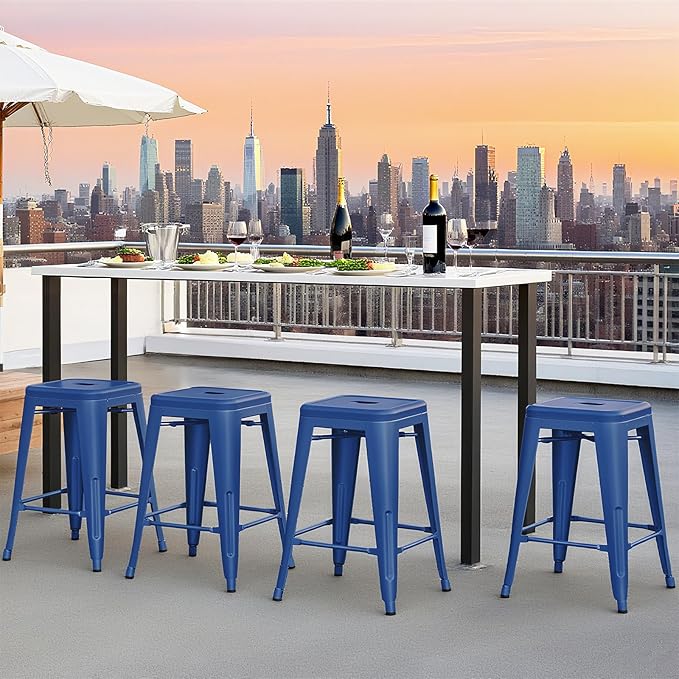 Sweetcrispy 24 Inches Metal Bar Stools Set of 8, Backless Counter Height Bar Stools for Kitchen, Outdoor Stackable Stools – No Assembly Required & Scratch-Resistant, Blue