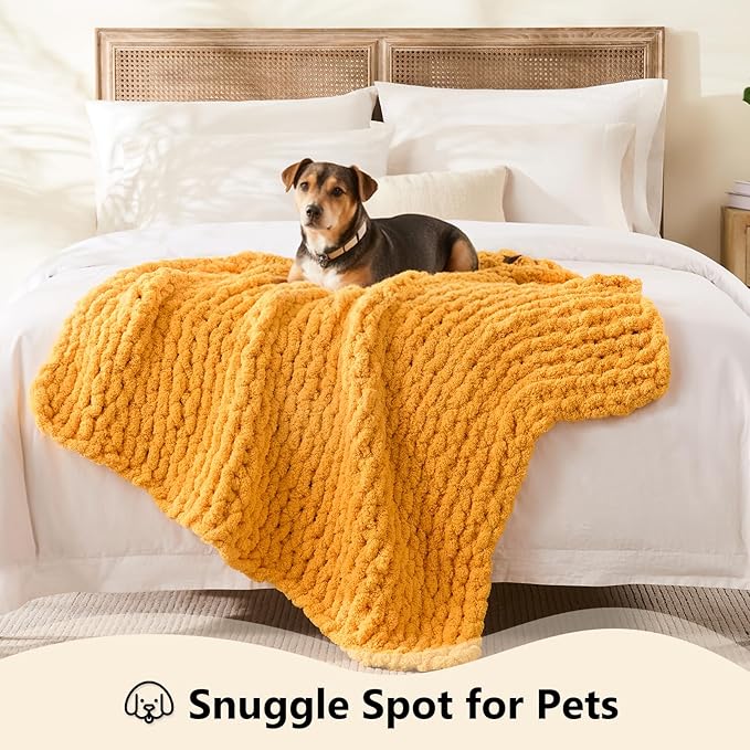 L'AGRATY Chunky Knit Throw Blanket - 40x50: 100% Hand-Knitted Chenile Crochet Blanket For Home Decor (Mustard Yellow)