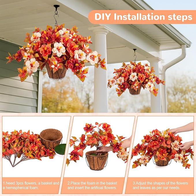 Artificial Fake Fall Hanging Flowers with Basket for Outdoors Decoration 3PCS Faux Fall Flowers for Outdoor Planters UV Resistant No Fade Silk Hibiscus for Home Porch Patio Garden Balcony Yard Decor