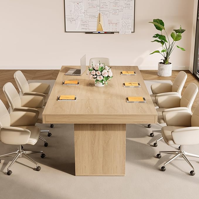 GarveeHome 71-Inch Rectangular Dining Table with Storage, Large Dining Table for 6-8 w/Large Tabletop & Sturdy Frame, Wooden Kitchen Table with Double Pedestal, for Dining Room, Office, Oak