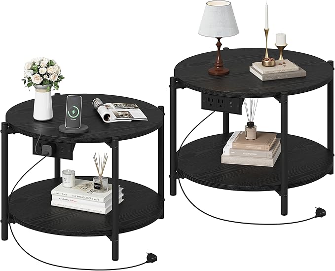 LIKIMIO Round Side Table Set of 2, 23.6" W End Table with Charging Station, Modern Wooden Nightstand for Small Spaces, Living Room, Bedroom, Black