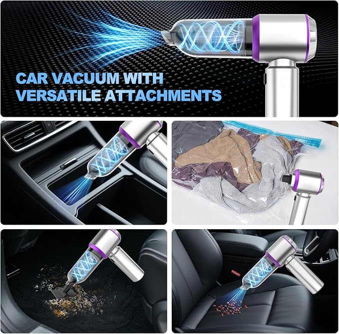 Mini Car Vacuum Cleaner, 4 in 1 Cordless Vacuum Cleaner, 22000PA High Power Portable Car Vacuum with Brushless Motor, for Home, Office, Camping (Silver Purple)