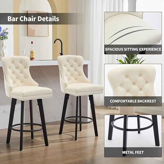 YISHENG Modern Swivel 27" H Seat Velvet Barstools with Backrest and Footrest,Button Tufted Rivet Trim Dining Room Chairs with Metal Pull Ring for Kitchen Island，Bistro, Home Bar，Cream 1PC