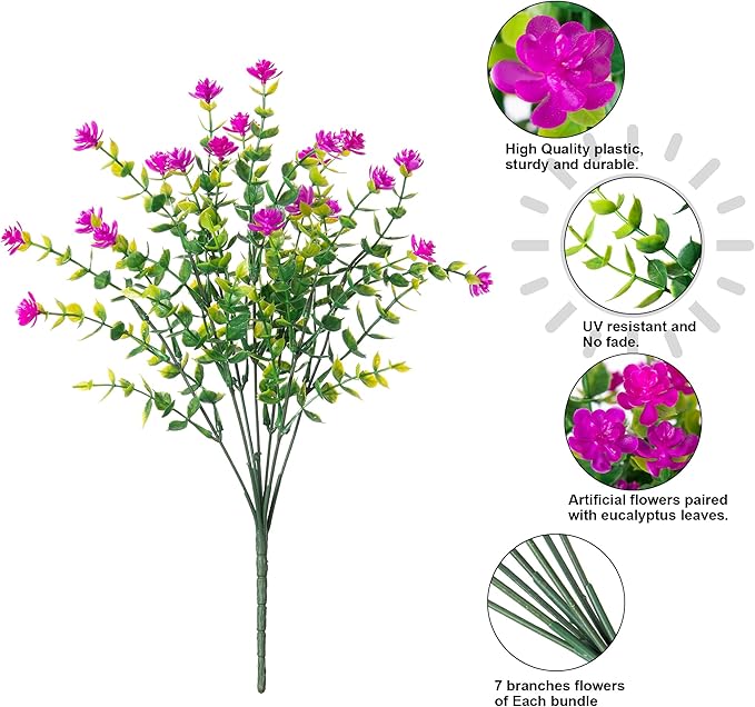 Ivydale Artificial Flowers Plants for Sping Summer Outdoors Indoors Decoration, 12 Bundles Fake Plastic UV Resistant Flowers Faux Greenery Bushes Shrubs for Home Porch Patio Garden (Purple+Fuchsia)