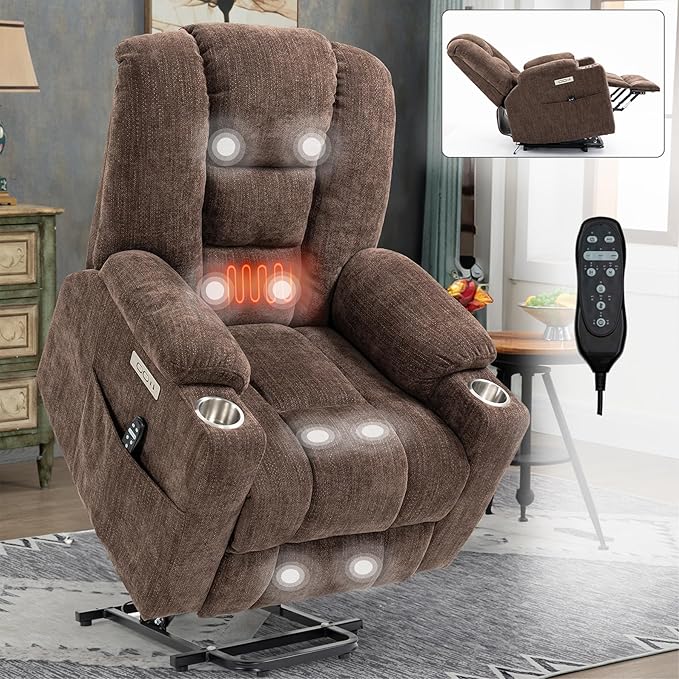 Large Power Lift Recliner Chair for Eldery, Overstuffed Wide Recliners with Massage and Heat, Electric Living Room Chairs with USB Charge Port, 2 Cup Holders, Brown
