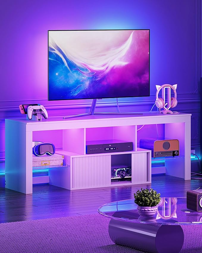 TV Stand with Power Outlet, Modern TV Cabinet for 55 60 inch TVs, Media TV Console with LED Light Strip, Media Entertainment Center with Storage, for Living Room, Bedroom, White MDS02UDWB