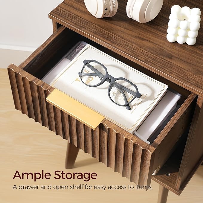 End Table, Fluted Night Stand, Modern Side Table, Bedside Table with 1 Drawer and 1 Open Compartment, Mid Century Nightstand, for Living Room, Bedroom, Study, Office, Walnut ETWA6201