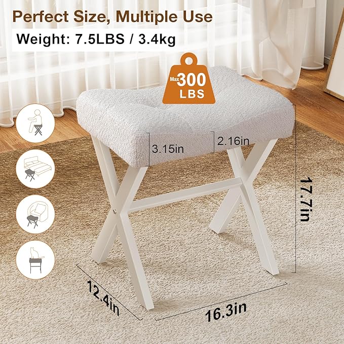 18-Inch Vanity Stool Chair, Vanity Bench with Metal X-Legs, Ottoman Accent Stool with Breathable and Soft Boucle Fabric Saddle Seat, White