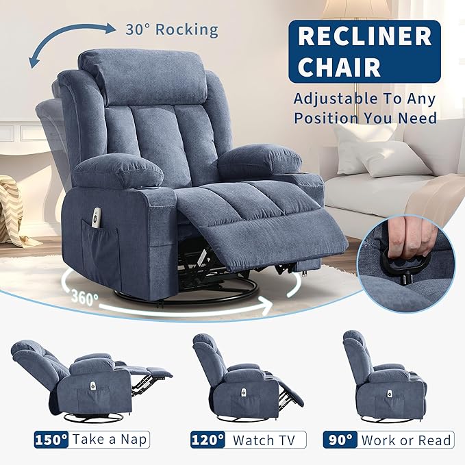 GarveeHome 360° Swivel Rocker Recliner Chair with Heat Massage, Widen Overstuffed Single Sofa Lounge Chair with 3 Positions 2 Side Pockets Cup Holders USB Ports Remote Control Blue