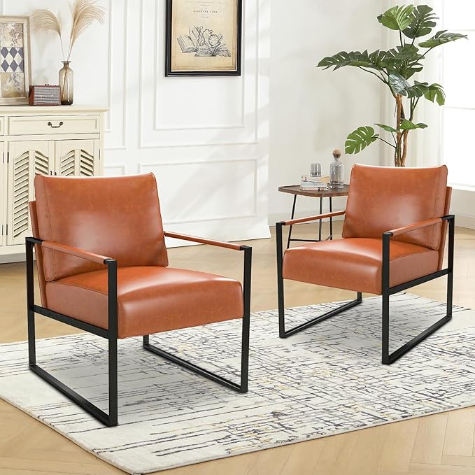 Phoenix Home PU Leather Accent Chair Set of 2, Leisure Metal Framed Armchair with Extra Soft Padded and Cushion, 105 Degree Slant Back, Modern Reading Arm Chair for Living Room/Office/Bedroom， Brown
