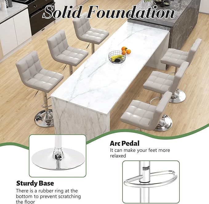 Modern PU Leather Bar Stools Set of 6, Adjustable Swivel Square Bar Chairs, Armless Counter Height Barstools with Back and Large Base for Island/Kitchen(Gray)