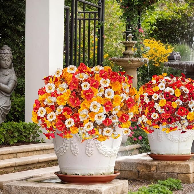 Artificial Fall Flowers for Outdoor, Fake Petunias Plants, Faux Flower, Fake Mums, 4PCS Fall Outdoor Decoration, UV Resistant, Silk Morning Glorias, for Home Garden Porch Planter (Early Harvest)