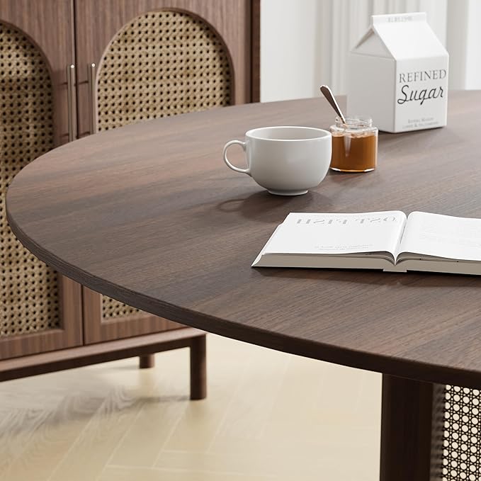 Casaphoria 60" Round Dining Table, Modern Kitchen Table for 8, Scratch-Resistant Top & Rattan Base, Farmhouse Dinner Table for Living Room, Kitchen, Bar, Easy Assembly, Walnut