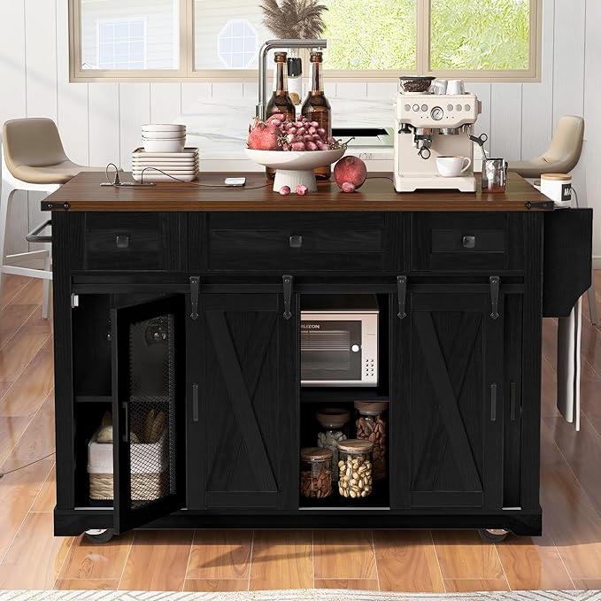 Merax Farmhouse Rolling Kitchen Island on Wheels with Drop Leaf Table & Power Outlet, Wood Kitchen Cart on Wheels with Spice Rack, Glass Holders, 3 Drawers & Cabinet, 58" Wide Black