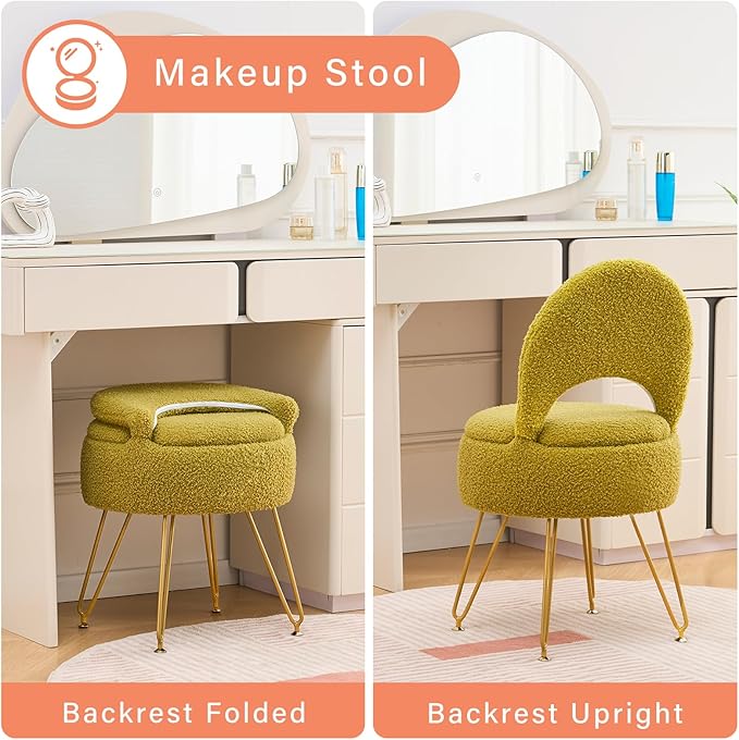 Storage Ottoman Vanity Stool Chair with Folding Back Teddy Velvet Makeup Chair Multifunctional Upholstered Footstool,4 Metal Legs with Anti-Slip Feet for Bedroom Living Room Entryway