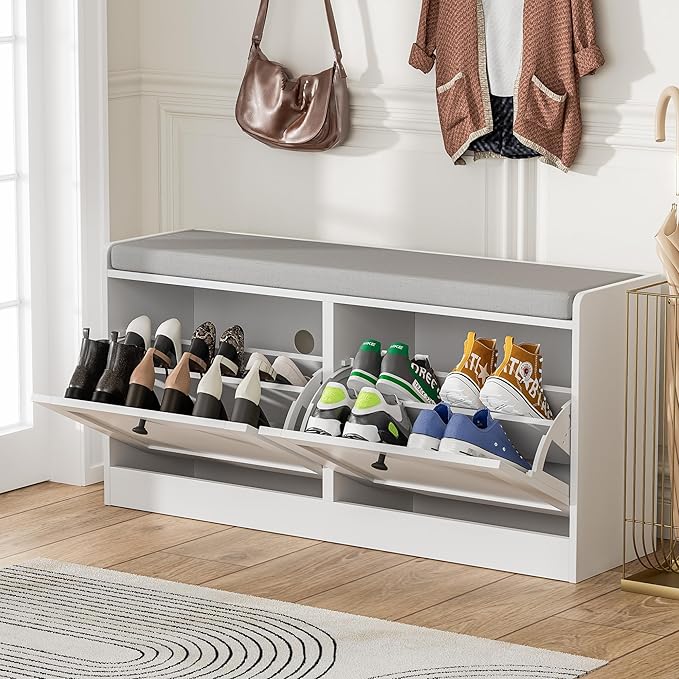 MHOM White Entryway Bench with 2 Flip Drawers, Shoe Bench with Padded Seat Cushion, Wooden Shoe Storage Bench for Entryway and Apartment