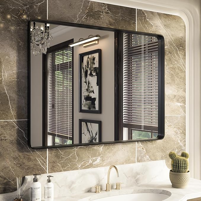ISKM Black Metal Framed Bathroom Mirror for Wall 40" x 30" Black Bathroom Vanity Mirror, Rounded Rectangle Mirror, Anti-Rust (Horizontal/Vertical)