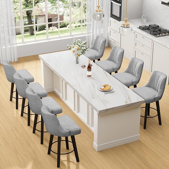 Counter Height Swivel Bar Stool, 24" Upholstered Fabric Barstools Set of 8, Counter Stool Chair with Back & Solid Wood Legs for Kitchen Island Dining Room (Light Gray)