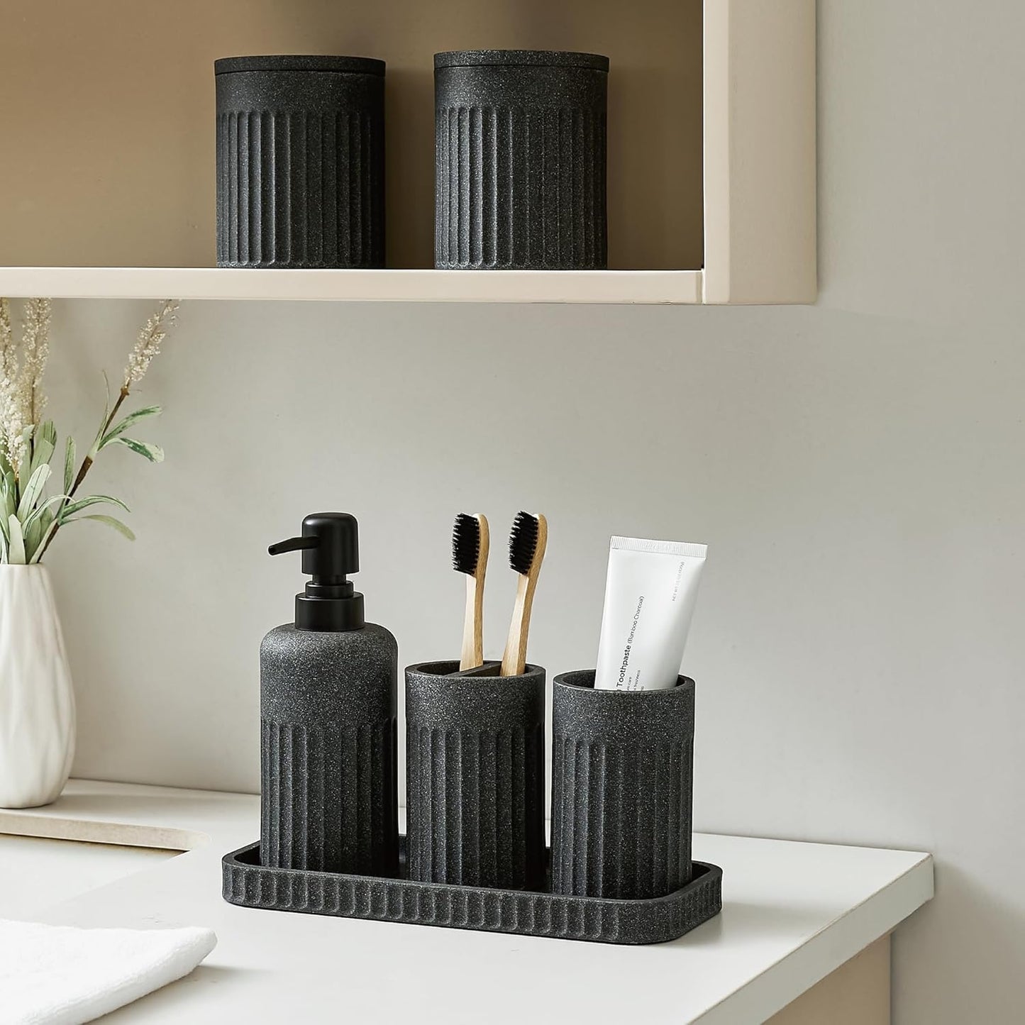 Bathroom Accessory Set - 6 Pieces Bathroom Accessories Set Complete with Soap Dispenser, Toothbrush Holder, Tumbler, Vanity Tray and 2 Qtip Holder for Home Organizer and Decor, Dark Grey