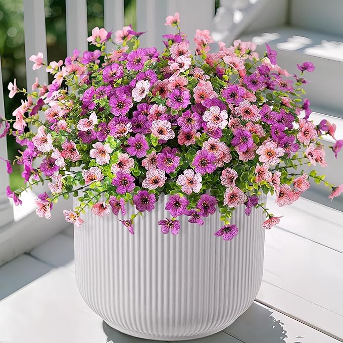 Artificial Fake Plants Flowers for Outdoor Fall Decor, 12 Bundles Faux Silk Mums for Planter Pot Colorful UV Resistant Look Real for Front Door Porch Patio Outside Yard(Purple Pink)