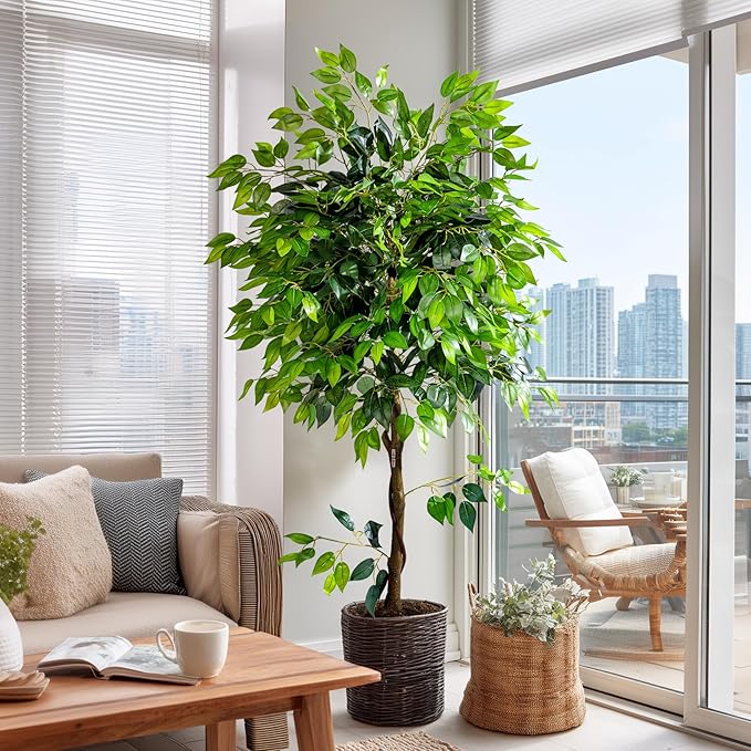 6ft Artificial Ficus Tree for Home Decor, Faux Silk Plants Faux Plant Fake Silk Trees with Pot for Indoor House Living Room Office Garden