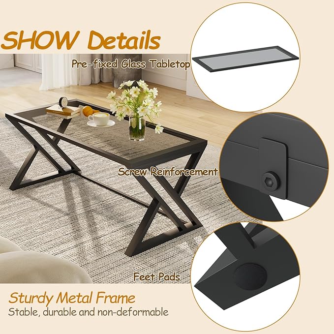 Coffee Table Grey Glass Coffee Table for Living Room,Modern Rectangular Center Table with Sturdy Metal Frame,Tempered Glass Table Tea Tables for Bedroom Home Office