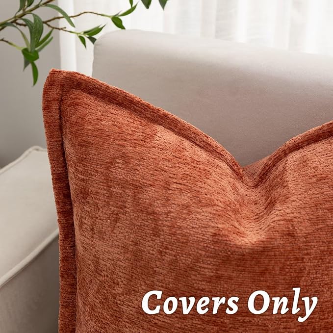 Burnt Orange Fall Decorative Throw Pillow Covers 22x22 Inch Set of 2 Cozy Soild Chenille Cushion Cases Soft Textured Square Couch Pillows Cover Boho Accent Farmhouse Pillowcases for Bed