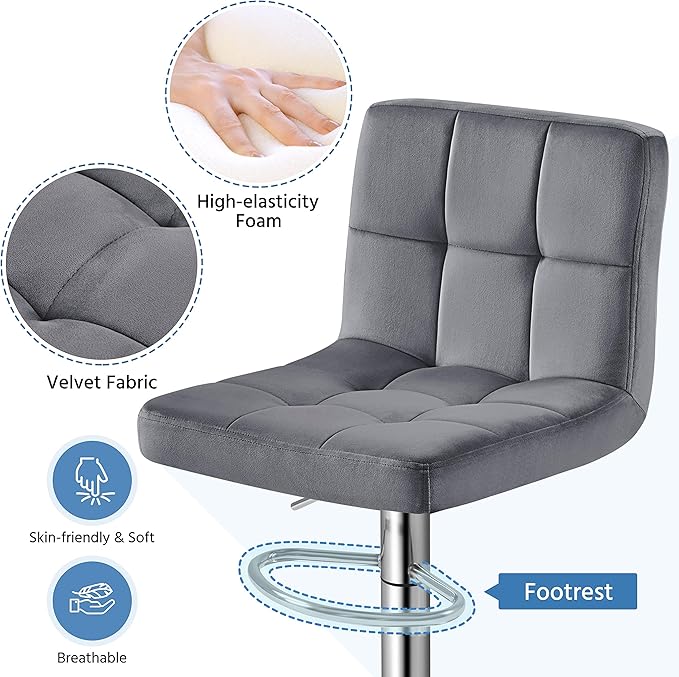 Yaheetech Bar Stools Set of 4, Velvet Fabric Swivel Barstools, Height Adjustable Counter Chairs, Modern Stools with Back for Bar Kitchen Island Dining Room, Dark Grey