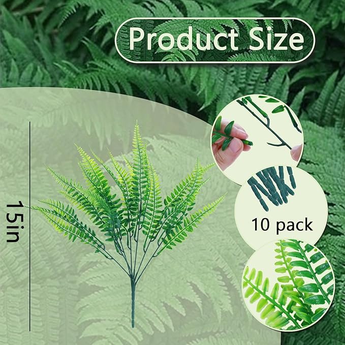 summer flower 10pack Fake Fern Plants Faux Boston Ferns UV Resistant Greenery for Outdoor Front Porch Filler Garden Party Artificial Ferns Stems for Indoor Home Hanging Planter Window Box Decorations