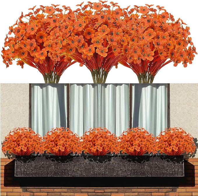 Artificial Flowers 15 Bunches Outdoor UV Resistant Faux Flowers Plastic Fabric Greenery Plants for Hanging Planter Kitchen Home Wedding Office Garden Decoration (Autumn Orange)