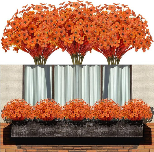 Artificial Flowers 15 Bunches Outdoor UV Resistant Faux Flowers Plastic Fabric Greenery Plants for Hanging Planter Kitchen Home Wedding Office Garden Decoration (Autumn Orange)