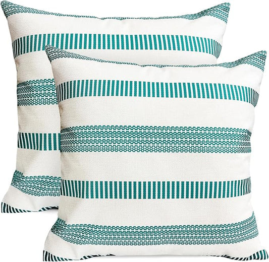 Decorative Throw Pillow Covers Set of 2 Teal Blue Boho Striped Pillow Covers 18x18 Inch Throw Pillow Cover Linen Pillowcase Farmhouse Outdoor Pillow Covers for Couch Sofa Bed Living Room