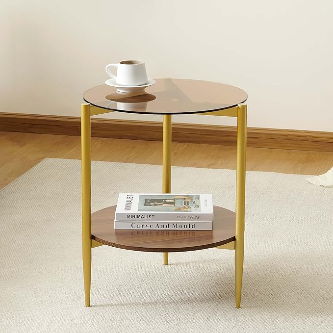 Round End Table, Mid-Century Modern Design, D20*H23 inch, for Living Room, 2-Tier Structure, Amber Glass Top and Walnut MDF Shelf, Sleek Conical Metal Legs with Gold Finish