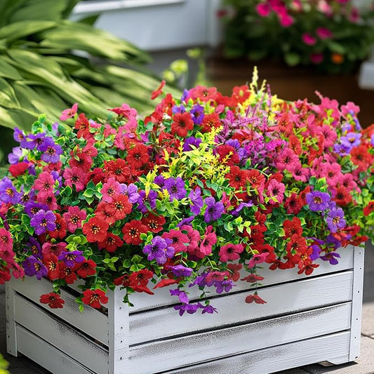 SHareconn 48 Bundles Artificial Flowers for Outdoors Decoration, Faux Plants Fake Silk Colorful Daisy Eucalyptus Lavender, UV Resistant for Outside Home Porch Patio Indoor Spring Decor, Mix 3 Colors