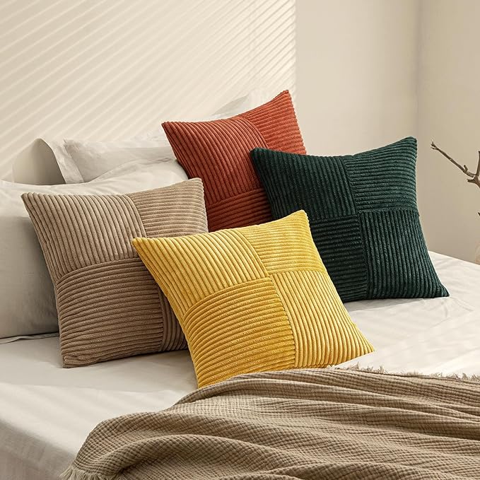MIULEE Green Rust Throw Pillow Covers 16x16 Inch Set of 4 Boho Farmhouse Soft Corduroy Striped Cushion Cases Decorative Color-Clash Home Decor for Couch Sofa Living Room Bed