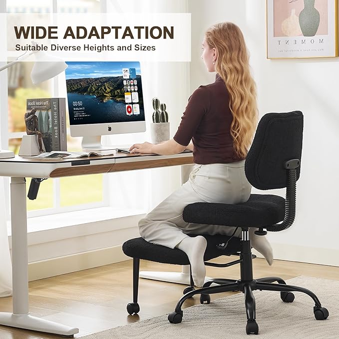 Criss Cross Legged Meditaion Chair,Exquisite Home Office Furniture,Ergonomic Kneeling with Lumbar Support and Adjustable Height Stool,for ADHD Adults,Teddy Fabric (Black)