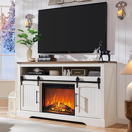 OKD Farmhouse Fireplace TV Stand for 70 Inch TV, 33" Tall Highboy Entertainment Center w/Electric Fireplace, Rustic Media Console w/Sliding Arched Door for Living Room,Antique White