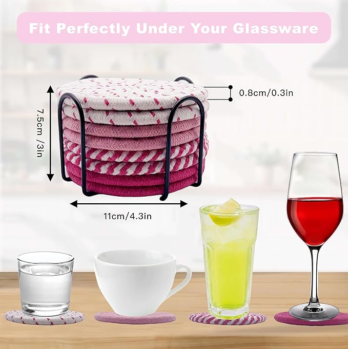 8 Pack Pink Coasters for Desk, Cute Coasters, House Essentials for New HomeCoasters for Coffee Table, Coasters for Drinks Absorbent, Coaster Set 4 - Color Cup Coasters