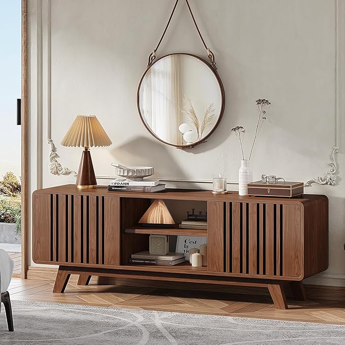 Mid-Century Modern Television Stand for 55/65/70 inch TV, 63” TV Stand with Power Outlet for Living Room, Entertainment Center with Sliding Grille Door Cabinets and Open Shelves, for Bedroom, Walnut