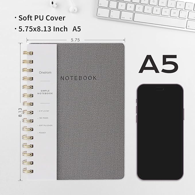 Lined Spiral Notebook College Ruled A5 Journal Book for Note Taking, 160 Pages Writing Journal for Office and Home School Supplies 5.75x8.125 inch (3pack-Grey)