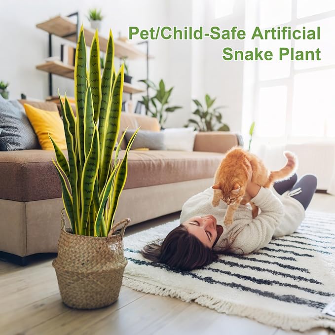 Fake Snake Plant 3ft Tall Faux Sansevieria with 24 Realistic Leaves UV Resistant Potted 2 Pack Fake Mother in Law's Tongue Plants for Indoor Outdoor Home Office Bedroom or Patio Decoration, Yellow